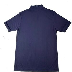 Vintage Double Knit Polyester Women Blue Ribbed Short Sleeve Mock Neck Top Large